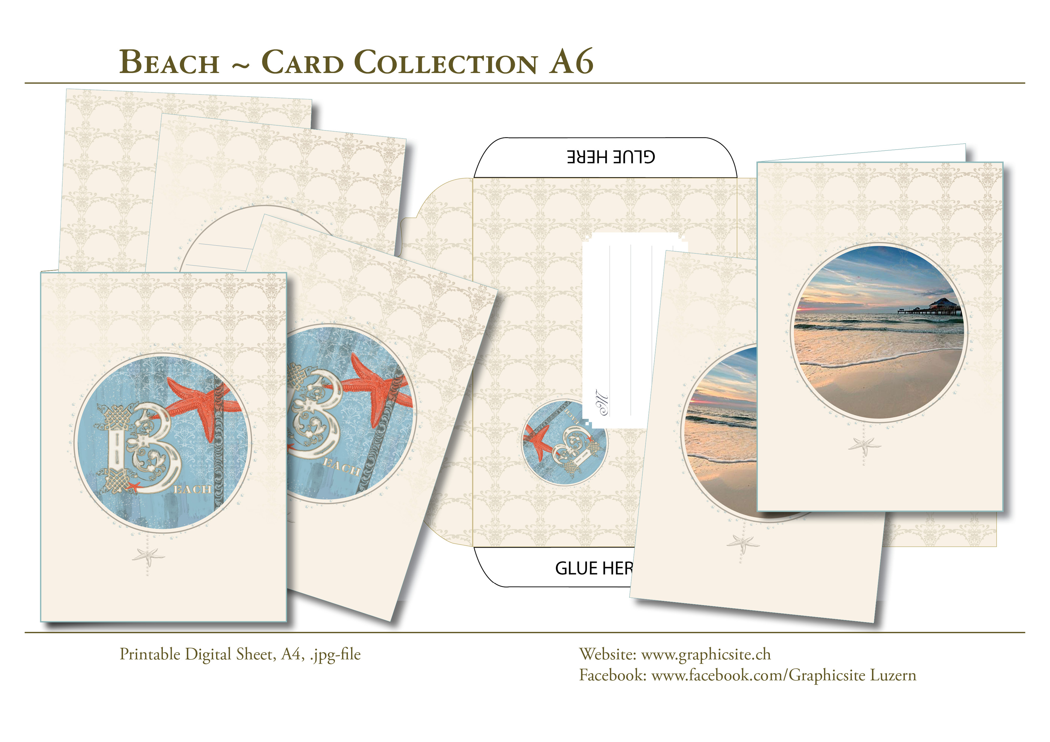 Printable Digital Sheets - DIN A-Formats - Beach_CardCollection - GreetingCards, Beach, Sea, Starfish, Envelope, Graphic Design, Luzern, Schweiz,